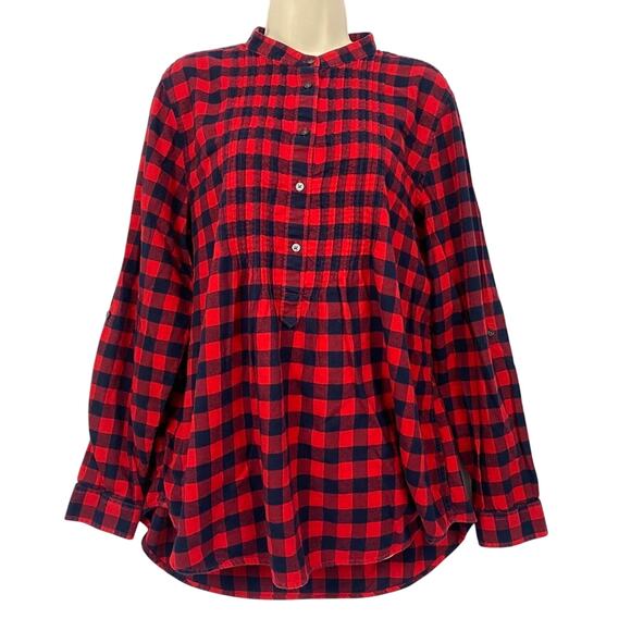 Lands End Flannel Top Womens 18 Buffalo Plaid Pintuck Front Cabincore Red Black - Picture 1 of 14